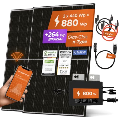 Solarway® 880W Balkonkraftwerk 800W komplett Steckdose - neuester 800 Watt Wechselrichter - Solaranlage Komplettset - 440W bifaziale Solarmodule & Envertech & Zubehör von Solarway