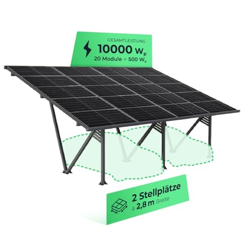 Solarway Solar-Carport Gestell aus Aluminium mit 10000 Watt - inklusive 20 Solarpanels mit je 500 Watt - versiegeltes Dach mit Regenrinne für besten Witterungsschutz von Solarway