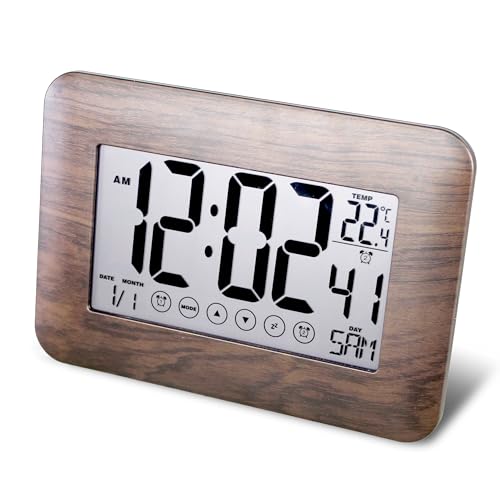 Digital Uhr Wecker, funkgesteuert mit Touchscreen - Kalenderanzeige: Datum, Tag, Uhrzeit + Temperatur - 2 Alarme & Snooze-Funktion - Wandbefestigung oder zum Stellen - 7 Sprachen - Holzoptik von FISHTEC