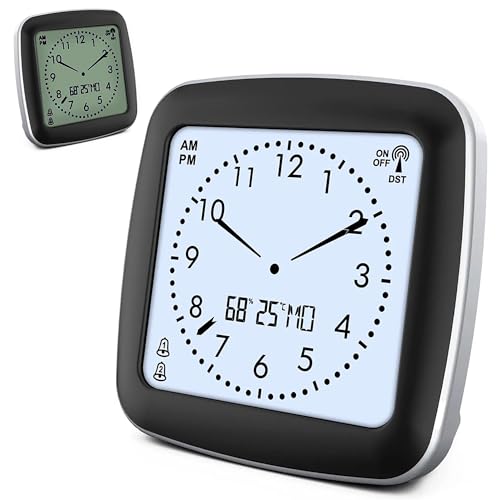 FISHTEC Digitaler Funkwecker, kein Tic Tac, geräuschlos (ohne Zeiger), Temperatur-/Tages-/Luftfeuchtigkeitsanzeige, 7 Sprachen, 2 Alarme, Hintergrundbeleuchtung, kompakt, 9 cm von Fishtec