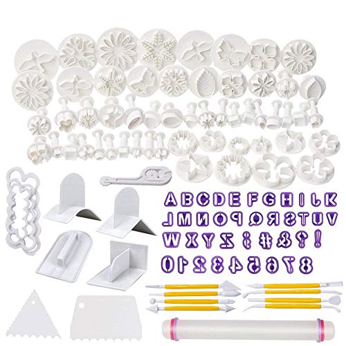 Soleebee 114-Teiliges Fondant Ausstecher Set Ausstechformen für Buchstaben, Zahlen, Rose Blume Formen Set Fondant Werkzeuge Auswerfer Stempel Modellierwerkzeug für Torten Deko von Soleebee