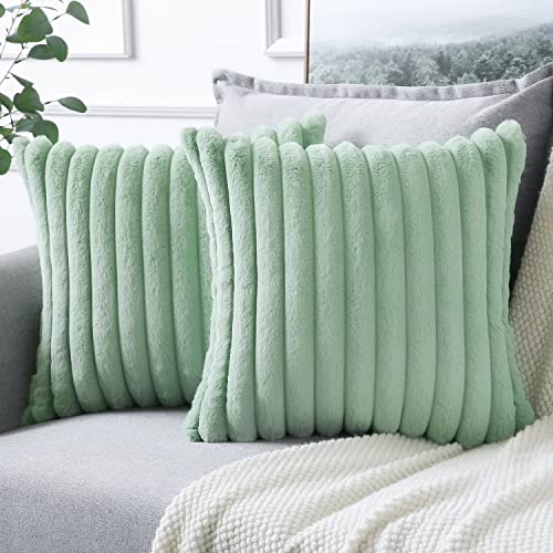 Soleebee 2er Set Plüsch Samt Kissenbezüge, Weiche Künstliche Pelz Dekorativ Kissenbezug Sofa Zierkissenbezüge Dekokissen Kissenhülle Set für Couch Schlafzimmer Zuhause Auto Dekor (45x45cm, Hellgrün) von Soleebee