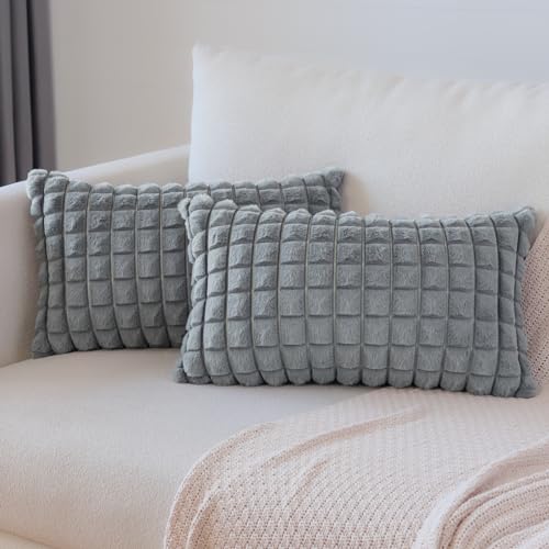 Soleebee 2er Set Plüsch Samt Kissenbezüge, Weiche Künstliche Pelz Plaid Textur Kissenbezug Sofa Zierkissenbezüge Dekokissen Kissenhülle Set für Couch Schlafzimmer Zuhause Dekor (30x50cm, Rauchgrau) von Soleebee