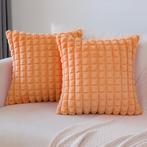 Soleebee 2er Set Plüsch Samt Kissenbezüge, Weiche Künstliche Pelz Plaid Textur Kissenbezug Sofa Zierkissenbezüge Dekokissen Kissenhülle Set für Couch Schlafzimmer Zuhause Dekor (50x50cm, Orange) von Soleebee