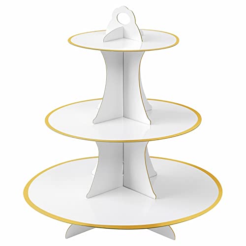 Soleebee Tortenständer aus Karton, 3 Etagen Cupcake Ständer Dessert Turm Halter Muffinständer Partyzubehör für Hochzeit Geburtstag Party Kuchen Brötchen Torten Etagere (1 Stück, Weiß+Gold) von Soleebee