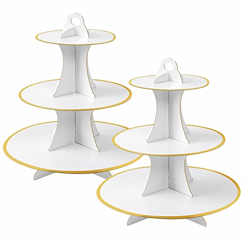 Soleebee Tortenständer aus Karton, 3 Etagen Cupcake Ständer Dessert Turm Halter Muffinständer Partyzubehör für Hochzeit Geburtstag Party Kuchen Brötchen Torten Etagere (2 Stück, Weiß+Gold) von Soleebee