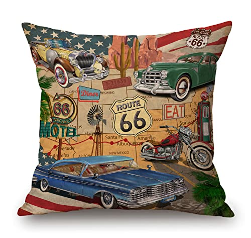 Antiker Auto-Kissenbezug, altes klassisches Auto-Thema, amerikanische Vintage-Route 66 Diner Motorrad Shabby Chic Home Decor Kissenbezug für Sofa 45,7 x 45,7 cm von Solekla