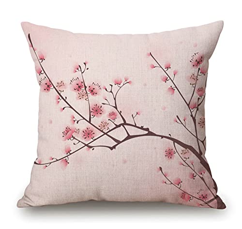Solekla Dekorativer Frühlingskissenbezug, 45,7 x 45,7 cm, rosa chinesische Kirschblüte, japanischer Pflaumenzweig, doppelseitig, quadratisch, Kissenbezug für Sofakissen von Solekla