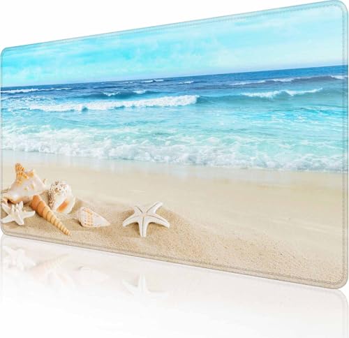 Gaming-Mauspad, großes rutschfestes Gummiunterteil, Tastatur-Mauspad, Schreibtischunterlage mit genähten Kanten, 89,9 x 40,9 cm, Strand mit Muscheln im Sand Gaming-Mauspad, großes rutschfestes Gummiunterteil, Tastatur-Mauspad, Schreibtischunterlage mit genähten Kanten, 89,9 x 40,9 cm, Strand mit Muscheln im Sand von Solekla