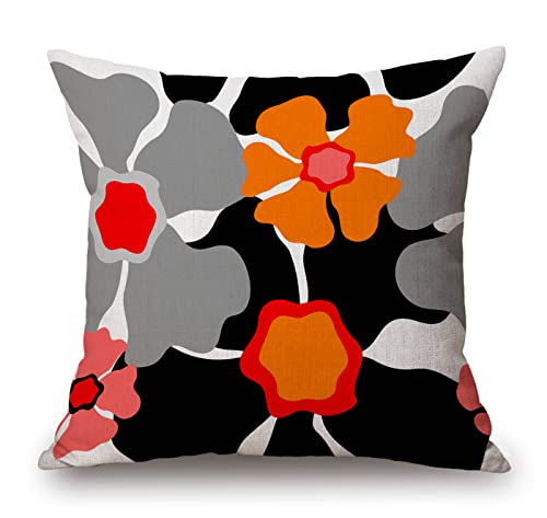 Kissenbezug 45,7 x 45,7 cm, Grau 1950er Retro Blumenmuster 1960er Jahre Kollektion Abstrakt Grau Rot Rosa Orange Schwarz auf Weiß Schöner Kissenbezug für Sofa Couch von Solekla