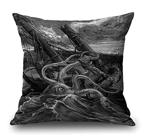 Ocean Octopus und Schiff Muster Wurfkissenbezug 45,7 x 45,7 cm dekorativer Baumwollleinen Kissenbezug für Sofa Couch Bett von Solekla