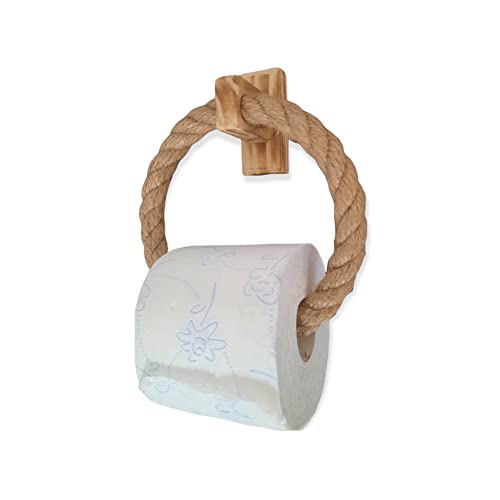 Solenzo - Toilettenpapierhalter aus Seil und Holz – Handtuchhalter – Befestigung mit Klebstoff (Toilettenpapierroller) von Solenzo