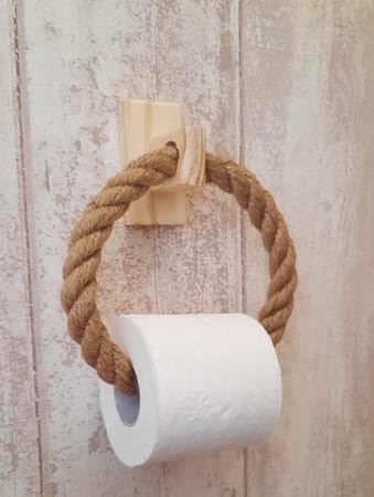Solenzo - Toilettenpapierhalter aus Seil und Holz – Handtuchhalter – Befestigung mit Klebstoff (Toilettenpapierroller) von Solenzo
