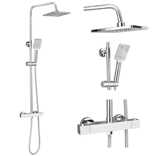 Solepearl Duschsystem mit Thermostat 38℃, Regendusche mit Thermostat Duscharmatur, Chrom Duschamaturenset Inkl 21cm Kopfbrause, 3 Funktionen Handbrause, 80-117cm Edelstahl Verstellbarer Duschstange von Solepearl