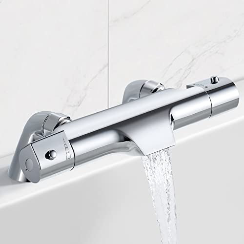 Solepearl Wasserfall Badewannenarmatur mit Thermostat 2 Funktionen Duscharmatur für Dusche und Badewanne Messing, Chrom Mischbatterie Dusche Thermostat mit 38 °C Sicherheitstaste, Badewannenmontage von Solepearl