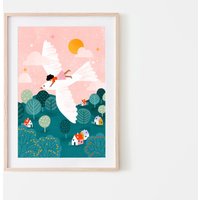 Flying High, Kinder Kunstdruck, Fliegende Vogel Illustration, Kinderzimmer Dekoration, Verträumte Poster, Boho Kunst Poster von SoleyAndTheBear