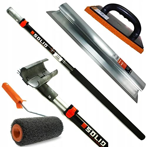 SOLID PROFI SET - Flächenspachtel edelstahl mit aluminium teleskopstange und stielaufnahme für spachtel - Reibebrett Kunststoff mit Schwammgummi und Rollspachtel - MADE IN EU(80cm) von Solid