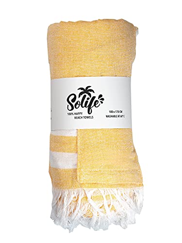 Solife Beach Towel (Gelb) - gestreiftes Strand Handtuch aus nachhaltiger Baumwolle, 170x100cm, mit aufblasbarem Kopfkissen von Solife
