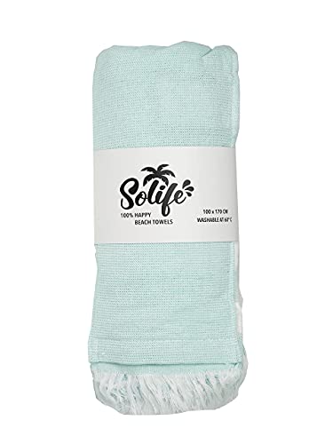 Solife Beach Towel (Grün) - gestreiftes Strand Handtuch aus nachhaltiger Baumwolle, 170x100cm, mit aufblasbarem Kopfkissen von Solife