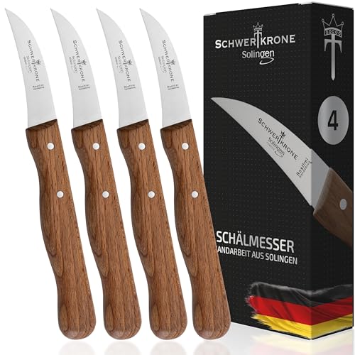 SCHWERTKRONE® Schälmesser gebogen Premium 4er Set [MADE IN SOLINGEN - GERMANY] - Gemüsemesser Obstmesser - Küchenmesser klein scharf - Schneidemesser Kartoffelschälmesser - Allzweckmesser (4x 15,5 cm) von Schwertkrone