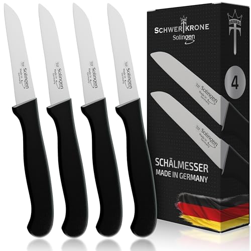 Schwertkrone® Schälmesser 4er Set [MADE IN SOLINGEN - GERMANY] - Gemüsemesser Obstmesser - Küchenmesser klein scharf - Schneidemesser Kartoffelschälmesser - Allzweckmesser rostfrei (4x 3 gerade) von Schwertkrone