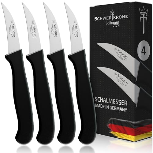 Schwertkrone® Schälmesser gebogen 4er Set [MADE IN SOLINGEN - GERMANY] - Gemüsemesser Obstmesser - Küchenmesser klein scharf - Schneidemesser Kartoffelschälmesser - Allzweckmesser (4x 2,5" gebogen) von Schwertkrone
