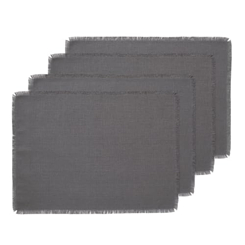 Solino Home Fransen Leinen Tischsets,100% Reines Leinen Stoff 14x19 Zoll Platzsets Anthrazit,Set mit 4 Tischsets für Herbst, Erntedankfest, Weihnachten, Winter,Handgefertigt aus europäischem Flachs von Solino Home