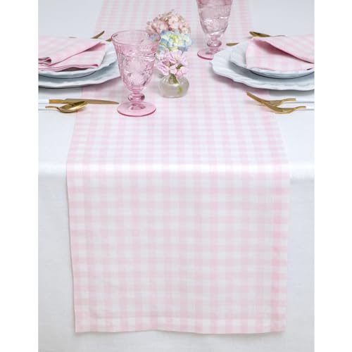 Solino Home Gingham Check 14 x 48 Zoll Tischläufer - Marshmellow Pink, 100% reines Leinen, europäisches Flachs Plaid Tischläufer - handgefertigt und maschinenwaschbar von Solino Home