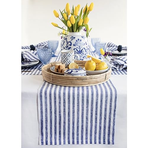 Solino Home Leinen Tischläufer,14x90 Zoll lang Marineblau und Weiß,100% reines Leinen Amalfi Streifen Tischläufer für Frühling, Essen,Handgefertigt aus europäischem Flachs und maschinenwaschbar von Solino Home