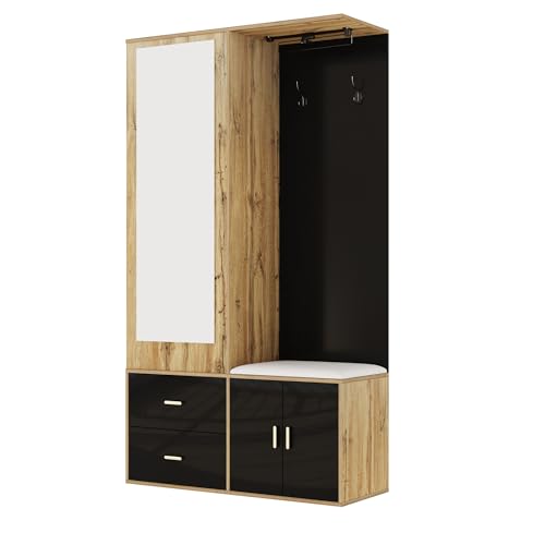 Garderoben Set mit Spiegel, Garderobenschrank mit Schuhschrank, Ausziehbarer Kleiderstange, Haken und Schuhbank, Kompaktgarderobe, Flurgarderobe mit Stauraum, Weiß + Natur (Schwarz+Natur) von Solisburne