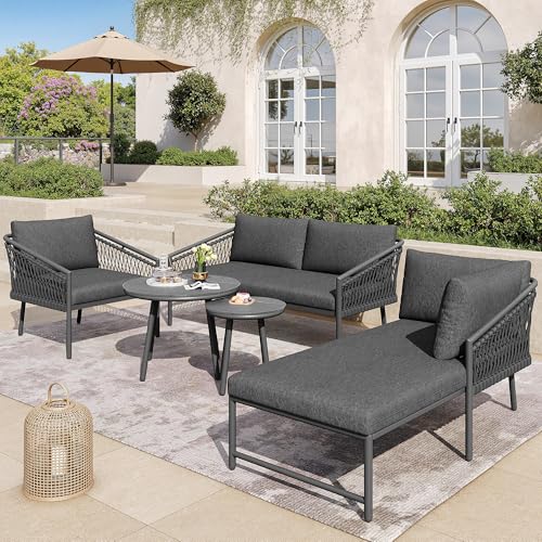 Gartenmöbel Set, Garten Möbel mit Doppelsofa, 2 Tisch, 1 Einzelstühlen und 1 Sofasessel Terrassenmöbel Balkonstühle Garten Möbelsets Set Wetterfest Terrasse Balkon, Metallgestell, Grau (Stil B) von Solisburne