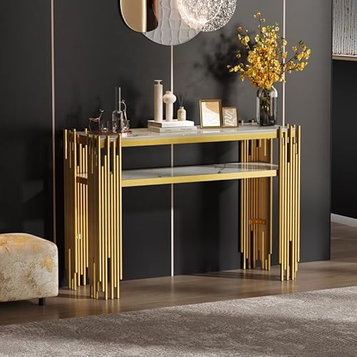Konsolentische 124×44×80, Beistelltisch mit Offenes Doppelschicht Schmal mit Gold Metallgestell Sofatisch Flurtisch Ausstellungstisch für Eingang, Flur, Wohnzimmer, Weiß Gold von Solisburne