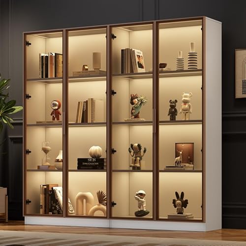 Solisburne 2er-Set Vitrine, Glasvitrine Stehend mit 2 Türen und Verstellbaren Einlegeböden 4-Lagen Glasschrank Sammlervitrine mit 16-Farbiger LED für Wohnzimmer, Büro, Bücher, Gehärtetes Glas, Weiß von Solisburne
