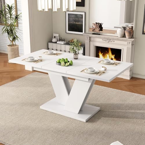 Solisburne Ausziehbarer Esstisch 120/160 x 80 cm, für 4–6 Personen, rechteckiger weißer Tisch mit Dicker Tischplatte und V-förmigen Beinen, Schlichter und moderner Stil von Solisburne