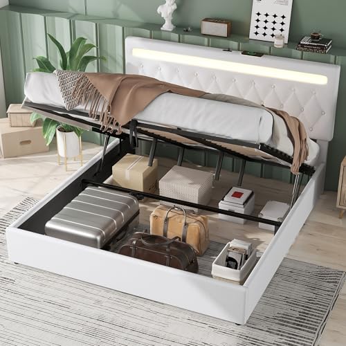 Solisburne Bett 180×200, Hydraulisch Stauraumbett mit USB Typ-C Polsterbett mit LED, Doppelbett Jugendbett Metallbett Bettgestel Funktionsbett, Ohne Matratze (Weiß Leinen, 180×200) von Solisburne