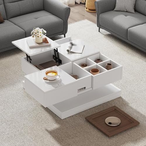 Solisburne Couchtisch, Anhebbarer Multifunktionstisch Sofatisch mit 4 Fächern und Tablett Wohnzimmertisch in Hochglanz Beistelltisch Kaffeetisch geometrischer Tisch, Weiß, Holzfarbe 75.5 x 75.5 x 38 von Solisburne