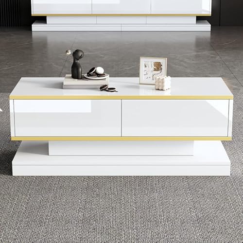 Solisburne Couchtisch, Sofatisch mit 2 Schubladen, einzigartiger Wohnzimmertisch Beistelltisch Kaffeetisch mit schmaler Mitte und breiter Ober- und Unterseite, Weiß mit Goldenem Rand, 100 x 50 x 38 von Solisburne