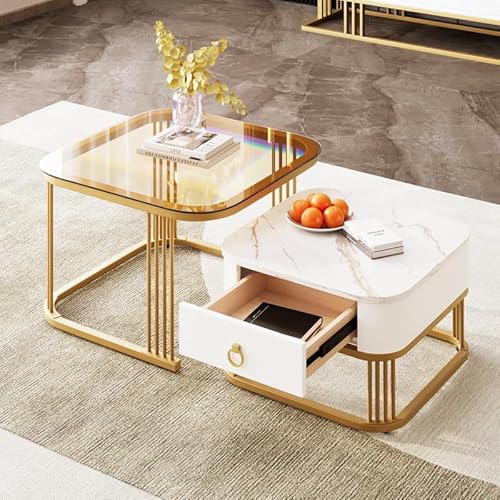 Solisburne Couchtisch 2er Set, Quadratisch Couchtisch mit Schubladen Moderne Wohnzimmertisch mit Gehärtetem Glas Beistelltisch für Couch Schlafzimmer, Metallrahmen, Weiß Hochglanz-Marmoroptik von Solisburne