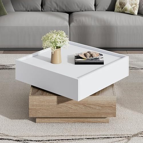 Solisburne Couchtisch mit 360°drehbarer Tischplatte, Wohnzimmertisch mit 2 Etagen und Aufbewahrungsschrank, Beistelltisch mit Walnussrahmen Sofa Tisch Kaffeetisch, Weiß 60 x 60 x 38 cm von Solisburne