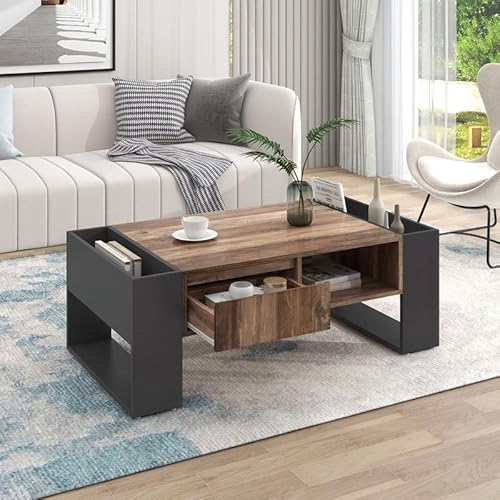 Solisburne Couchtisch mit Stauraum, Beistelltisch mit 2 offene Fach und 1 Schubladen Wohnzimmertisch mit 2 Seitliche Ablagen Sofa Tisch Kaffeetisch, Holzfarbe Schwarz 110 x 60 x 40 von Solisburne