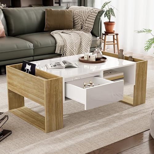Solisburne Couchtisch mit Stauraum, Beistelltisch mit 2 offene Fach und 1 Schubladen Wohnzimmertisch mit 2 Seitliche Ablagen Sofa Tisch Kaffeetisch, Holzfarbe Weiß 105 x 60 x 40 von Solisburne