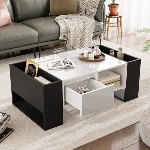 Solisburne Couchtisch mit Stauraum, Beistelltisch mit 2 offene Fach und 1 Schubladen Wohnzimmertisch mit 2 Seitliche Ablagen Sofa Tisch Kaffeetisch, Schwarz Weiß 105 x 60 x 40 von Solisburne