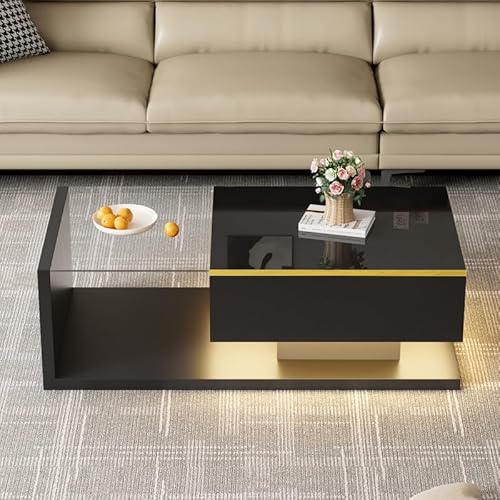Solisburne Couchtisch mit Stauraum, Beistelltisch mit Gehärtetem Glas und LED Wohnzimmertisch mit Offenem Ausstellungsregal Sofa Tischit Kaffeetisch, Hochglanz-Schwarz 100 x 50 x 32 von Solisburne