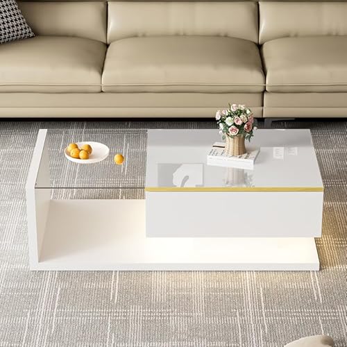 Solisburne Couchtisch mit Stauraum, Beistelltisch mit Gehärtetem Glas und LED Wohnzimmertisch mit Offenem Ausstellungsregal Sofa Tischit Kaffeetisch, Hochglanz-Weiß 100 x 50 x 32 von Solisburne