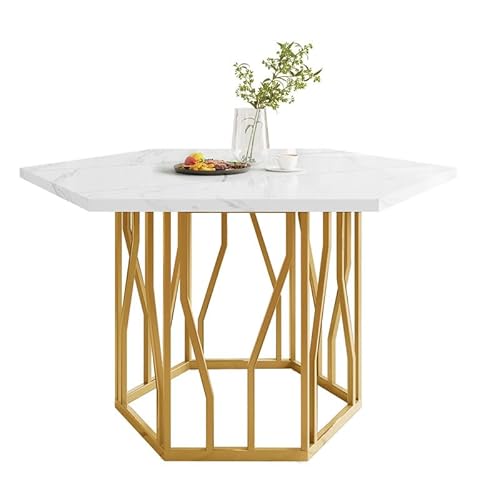 Solisburne Esstisch 115cm, Moderner Küchentisch mit Goldfarbenem Metallzweig-Gestell für Wohnzimmer Esszimmer, Schlichter Ästhetischer Couchtisch, 6-Eck Marmoroptik Design, Gold von Solisburne