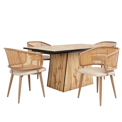 Solisburne Esszimmerstuhl im 4er Set, Polsterstuhl mit PU-Leder Loungesessel mit Rattan-Rückenlehne und Metallbeine, Gepolstert Relaxsessel Ohrensessel für Restaurants, Wohnzimmer und Cafés, Gelb von Solisburne