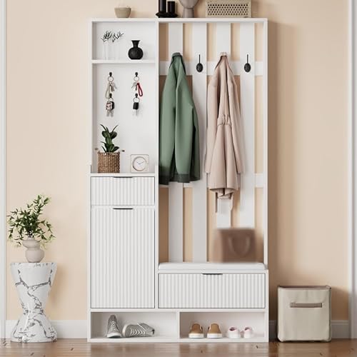 Solisburne Garderobenständer, 6-in-1, 100 x 30 x 180 cm, mit 8 Haken, Schuhbank und Regalen, mit Schubladen und Schränken, Schuhregal mit Kippschutz, Weiß, 100 x 30 x 180 cm Solisburne Garderobenständer, 6-in-1, 100 x 30 x 180 cm, mit 8 Haken, Schuhbank und Regalen, mit Schubladen und Schränken, Schuhregal mit Kippschutz, Weiß, 100 x 30 x 180 cm von Solisburne