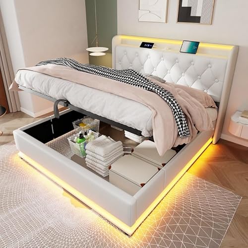 Solisburne Hydraulisch Stauraumbett 140×200, Gepolstertes Kopfteil mit USB Typ-C Polsterbett mit LED, Doppelbett Jugendbett Metallbett Bettgestel Funktionsbett, Ohne Matratze (Weiß PU, 140×200) von Solisburne
