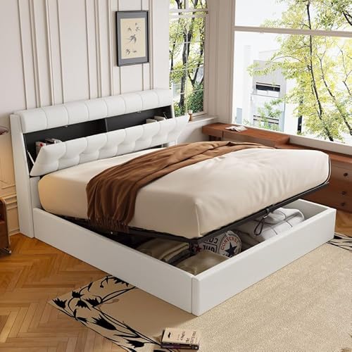 Solisburne Hydraulisch Stauraumbett 160×200, PU Polsterbett mit Schubkästen, Doppelbett Jugendbett Metallbett Bettgestel mit Stauraum Funktionsbett, Ohne Matratze(Weiß, 160×200) von Solisburne