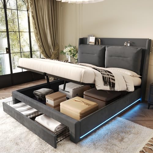 Solisburne Hydraulisch Stauraumbett 180×200 Samt mit Schubkästen, Polsterbett mit LED Doppelbett Jugendbett Metallbett Bettgestel mit Stauraum Funktionsbett, Ohne Matratze, Dunkelgrau Solisburne Hydraulisch Stauraumbett 180×200 Samt mit Schubkästen, Polsterbett mit LED Doppelbett Jugendbett Metallbett Bettgestel mit Stauraum Funktionsbett, Ohne Matratze, Dunkelgrau von Solisburne